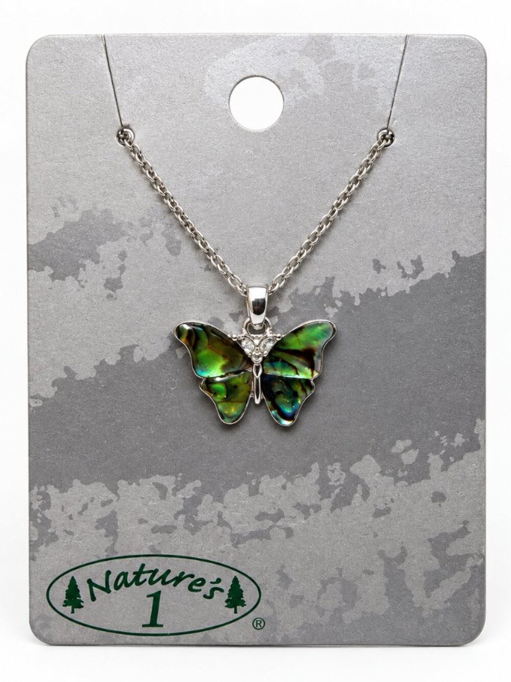 Nature’s 1 NWT Iridescent Butterfly Pendant Necklace Silver Tone